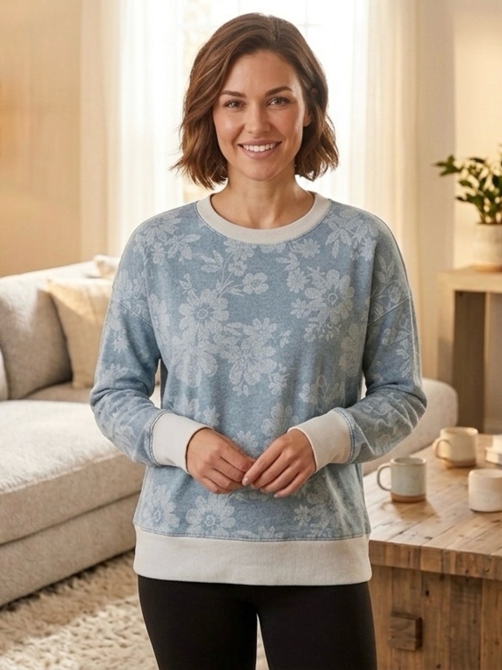 Time and Tru Blue Floral Crewneck Sweater with White Trim